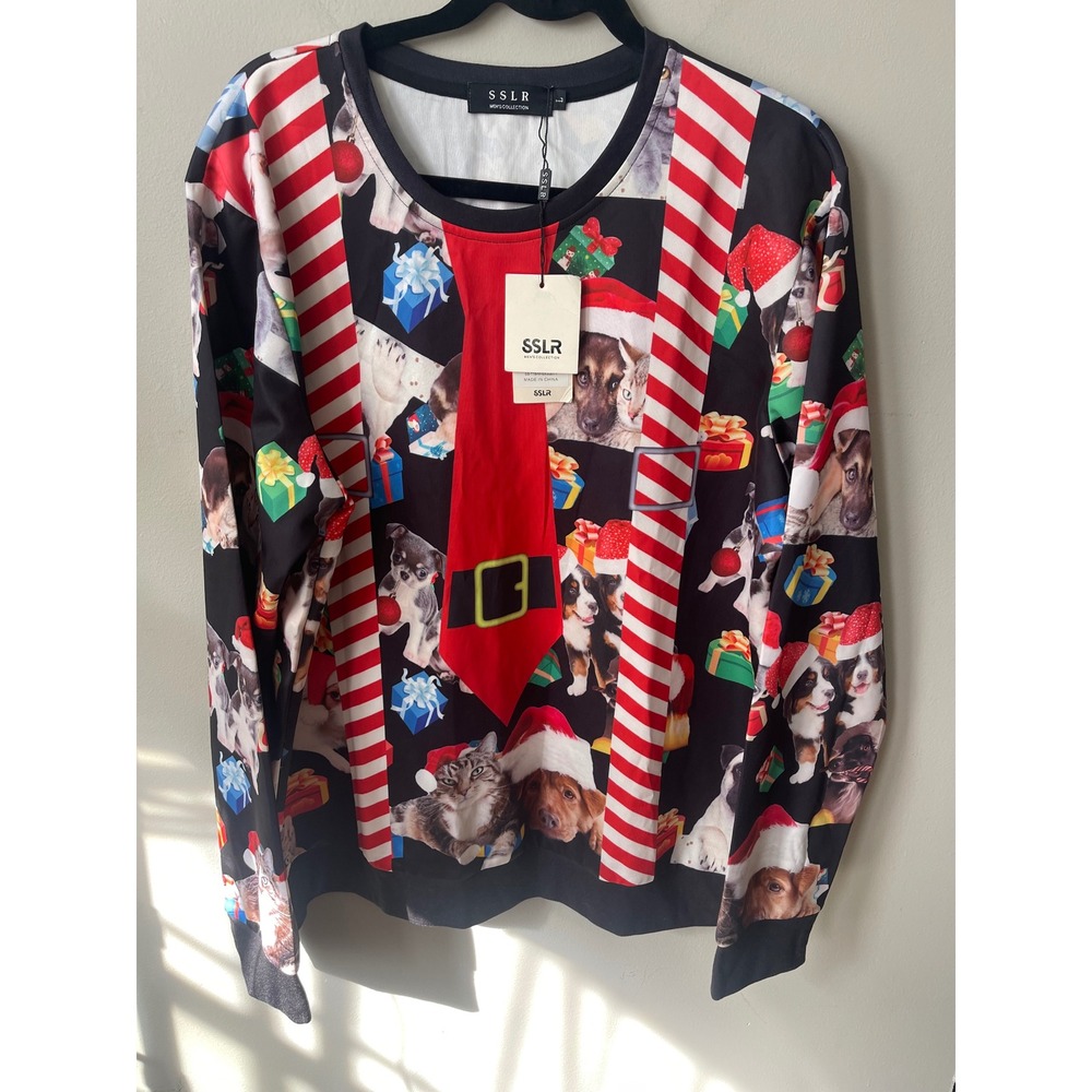 SSLR Mens Christmas Sweatshirt Cats Dogs Santa Hats Tie Suspenders Print Large
